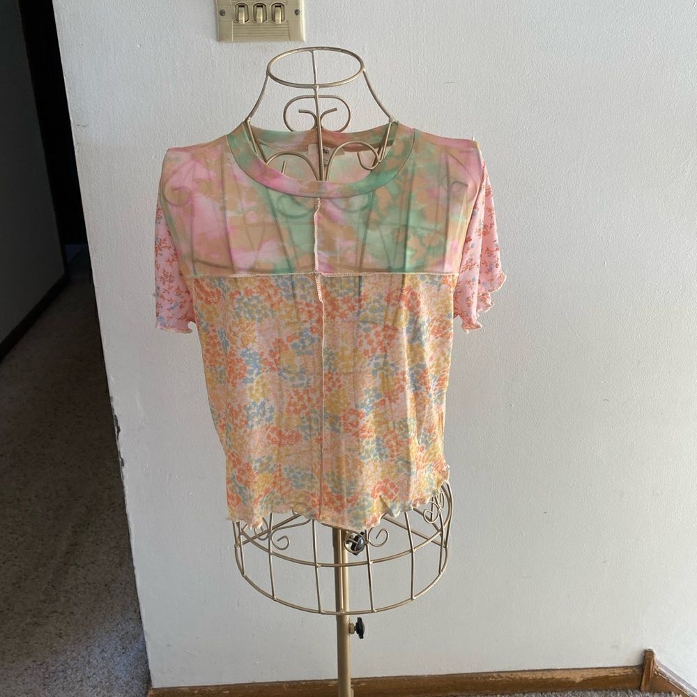 BP Nordstrom Patchwork Crop Top Short Sleeve Ruffle Hem NWT Size L Pink